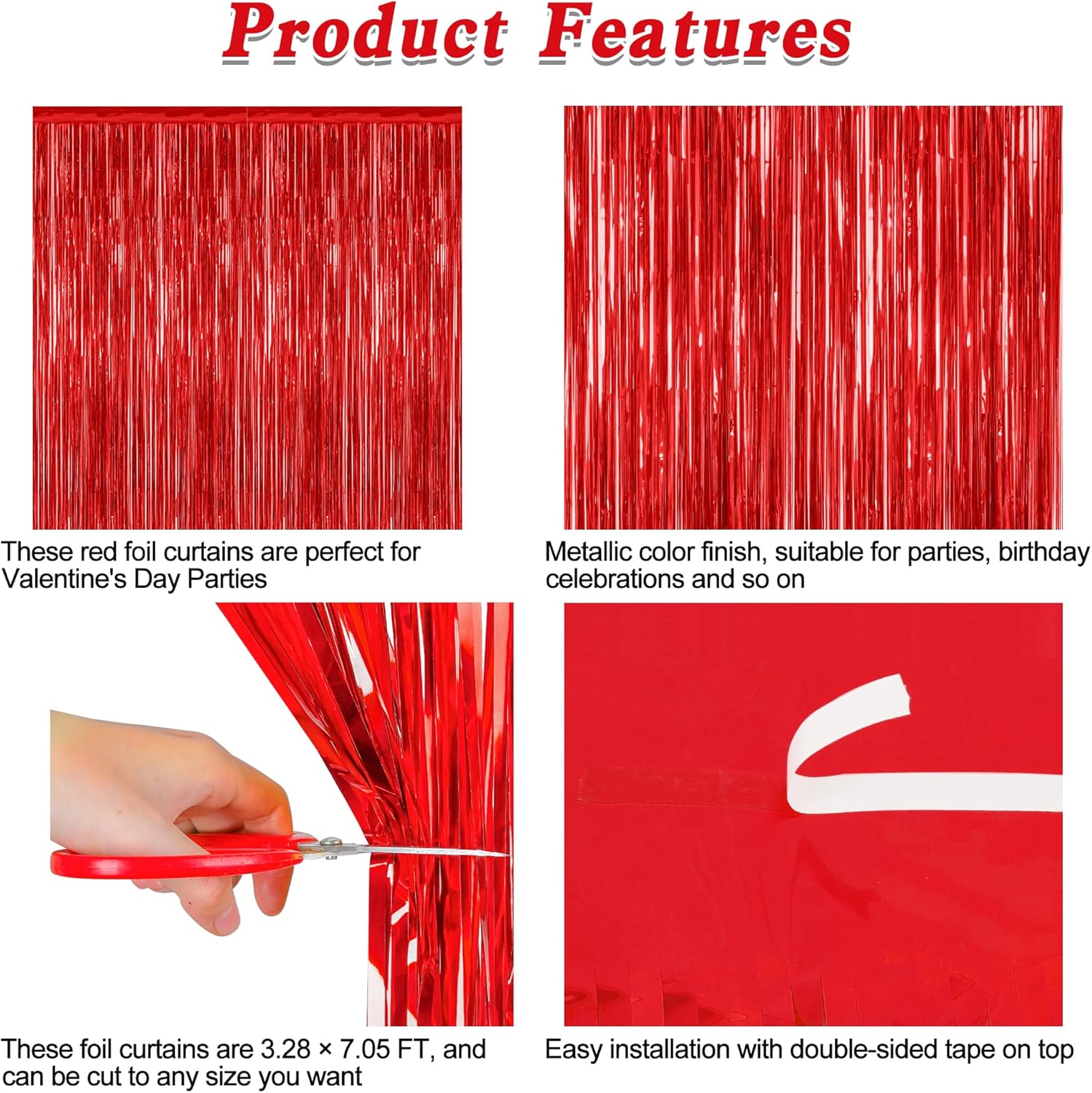 Regine Switzerland Red Curtains - 12 Pack Metallic Fringe Tinsel Backdrop | 3.28 FT x 7.05 FT Party Decor