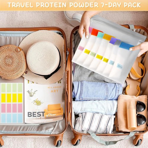 Protein Powder Travel Container Set, Reusable Powder Dispenser Supplement Containers with Funnel, Spoon & Notes, 21PCS Single Dose Bags and 3PCS Large Standable Zip Bags for Workout Fitness Travel