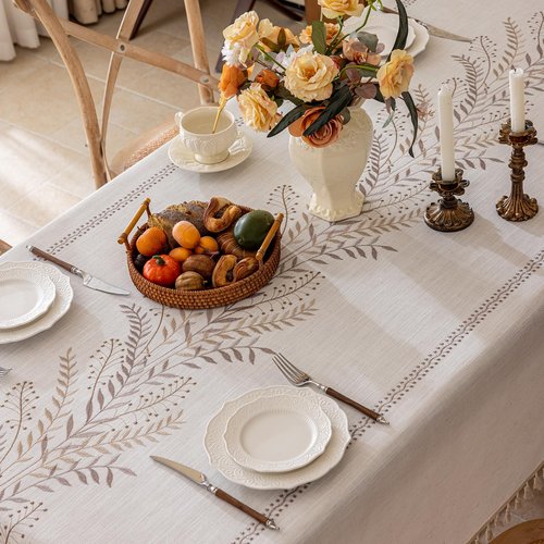 Joyfol Day Rustic Waterproof Linen Tablecloth, Heavy Weight Fern Embroidery Table Cloths for Rectangle Tables, Farmhouse Spill-Proof Table Covers with Tassels, Coffee 55''x 120''