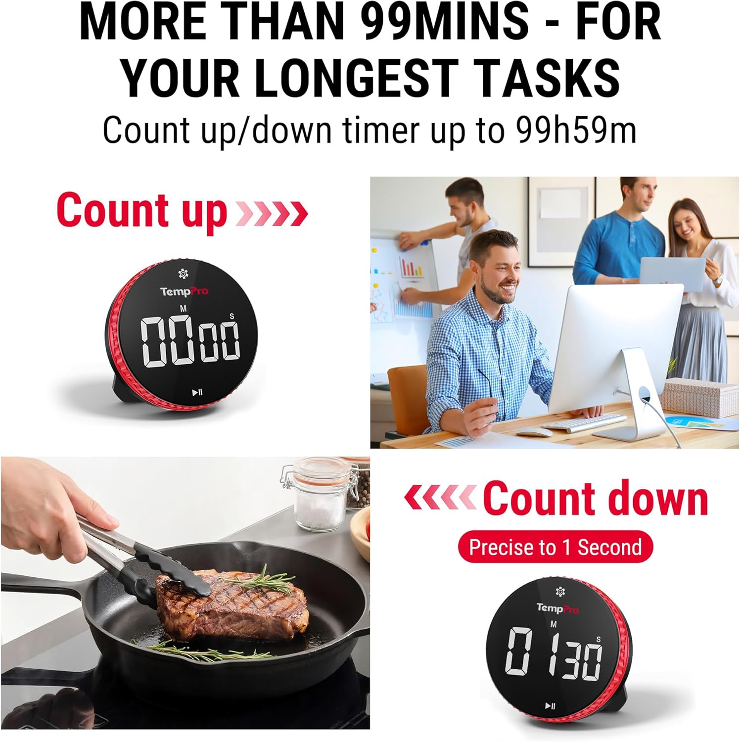 TempPro Digital Kitchen Timer - 99-Hour Countdown with Magnetic Stand & Large LED Display | 3 Volume Levels