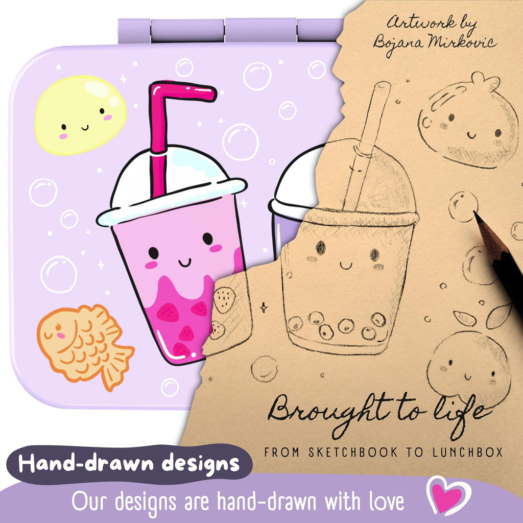 BEARFOOT Kids Lunch Box with Compartments – Compact & Lightweight | Leak-Proof, BPA-Free, Dishwasher Safe | Hand-Drawn Design for Preschool, School, Travel (BubbleTea Purple, 4 Cups)