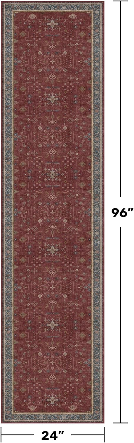 Red 2x8 Long Hallway Runner Rug - Boho Washable Indoor Mat | Non-Skid Vintage Geometric Floral Design