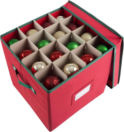 Elf Stor Christmas Decor Storage Box - Red Oxford Canvas Ornament Cube With 64 Compartment Dividers | Pack of 6