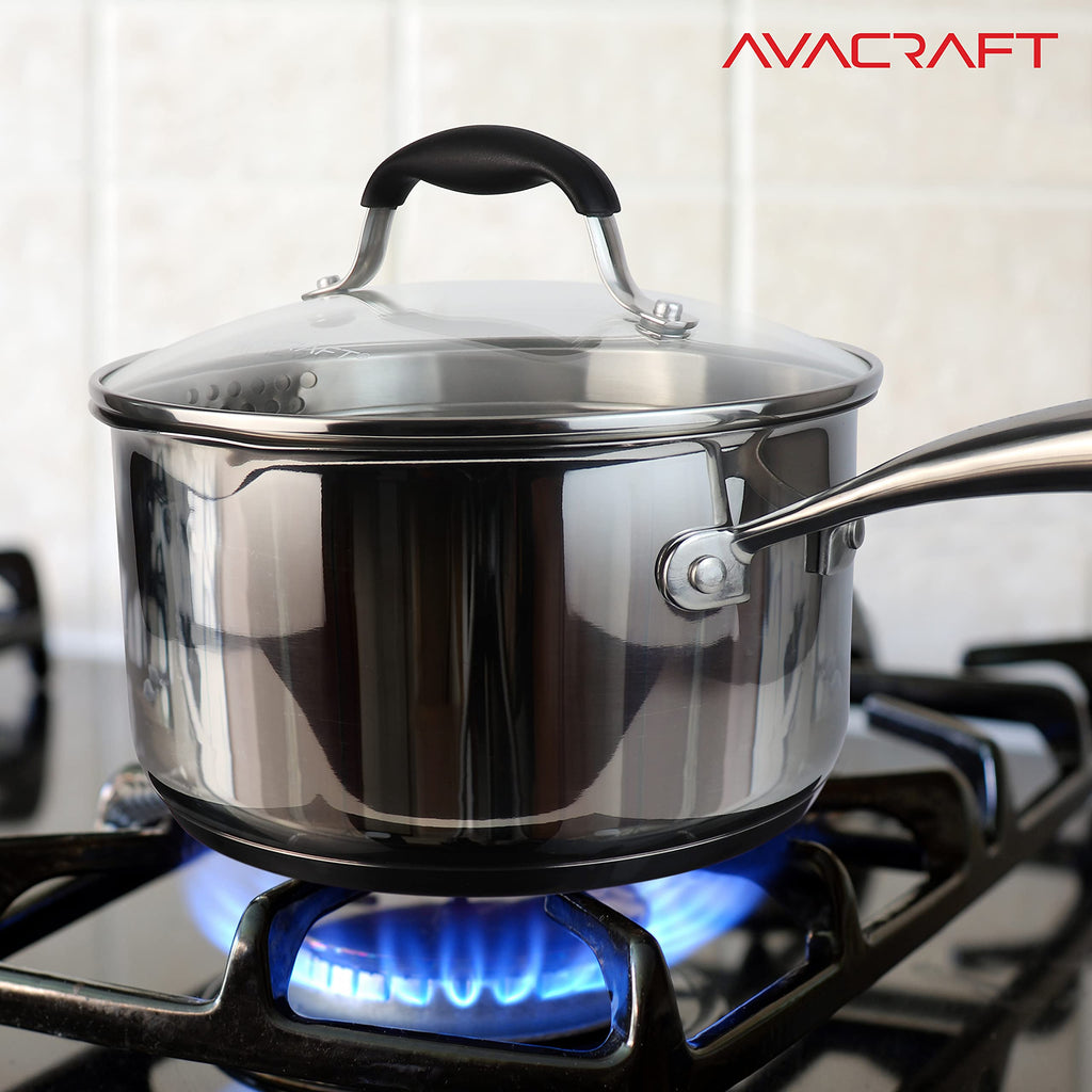 AVACRAFT Stainless Steel Saucepan with Glass Strainer Lid, Two Side Spouts for Easy Pour with Ergonomic Handle, Multipurpose Sauce Pot (5-Ply Capsule Bottom, 3.5 Quart)