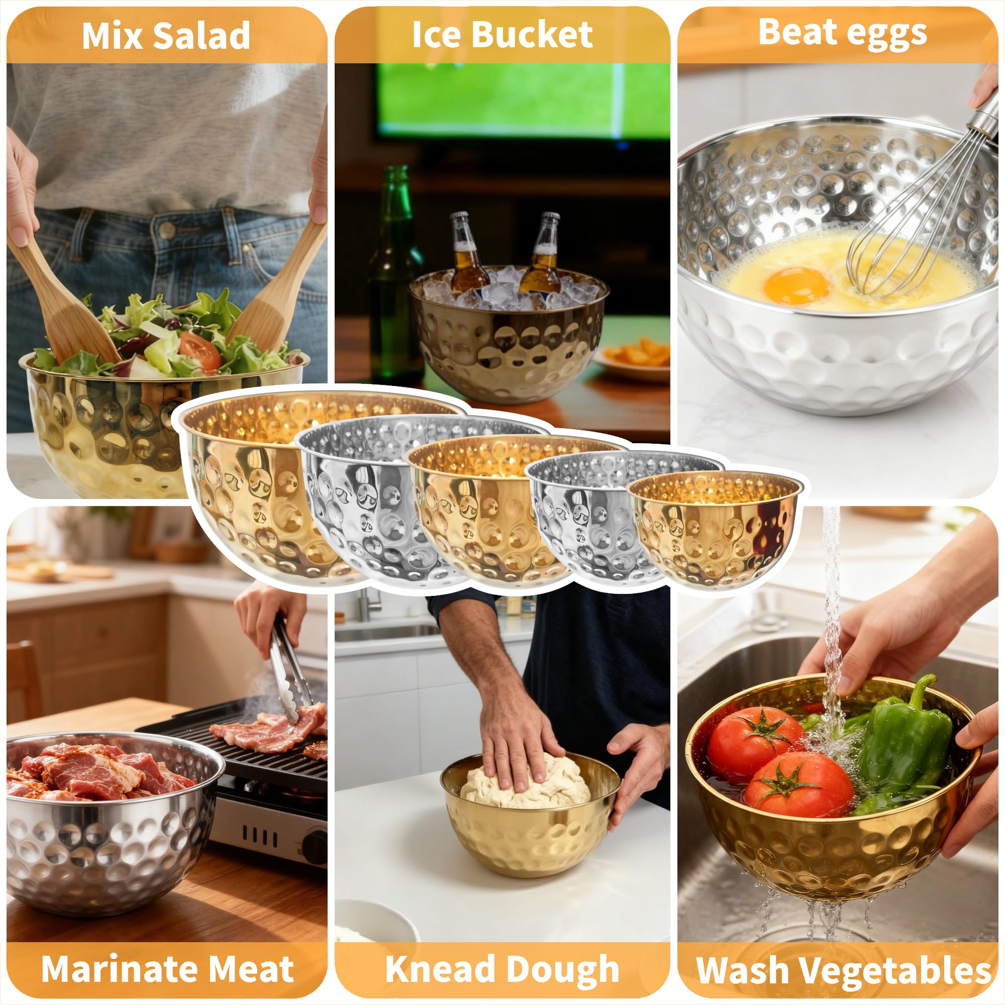 YEJZXY Stainless Steel Mixing Bowls Set, 5PCS Gold Hammered Bowls, 4.9/4.2/3.2/2.1/1.6QT Mixing Bowls for Kitchen, Nesting Design Serving Bowls