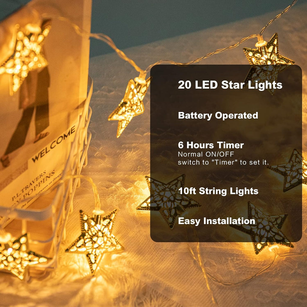 Vigdur 10Ft Star String Lights - 20 LED Battery Operated Fairy Lights with Timer | Perfect for Ramadan & Eid Decor