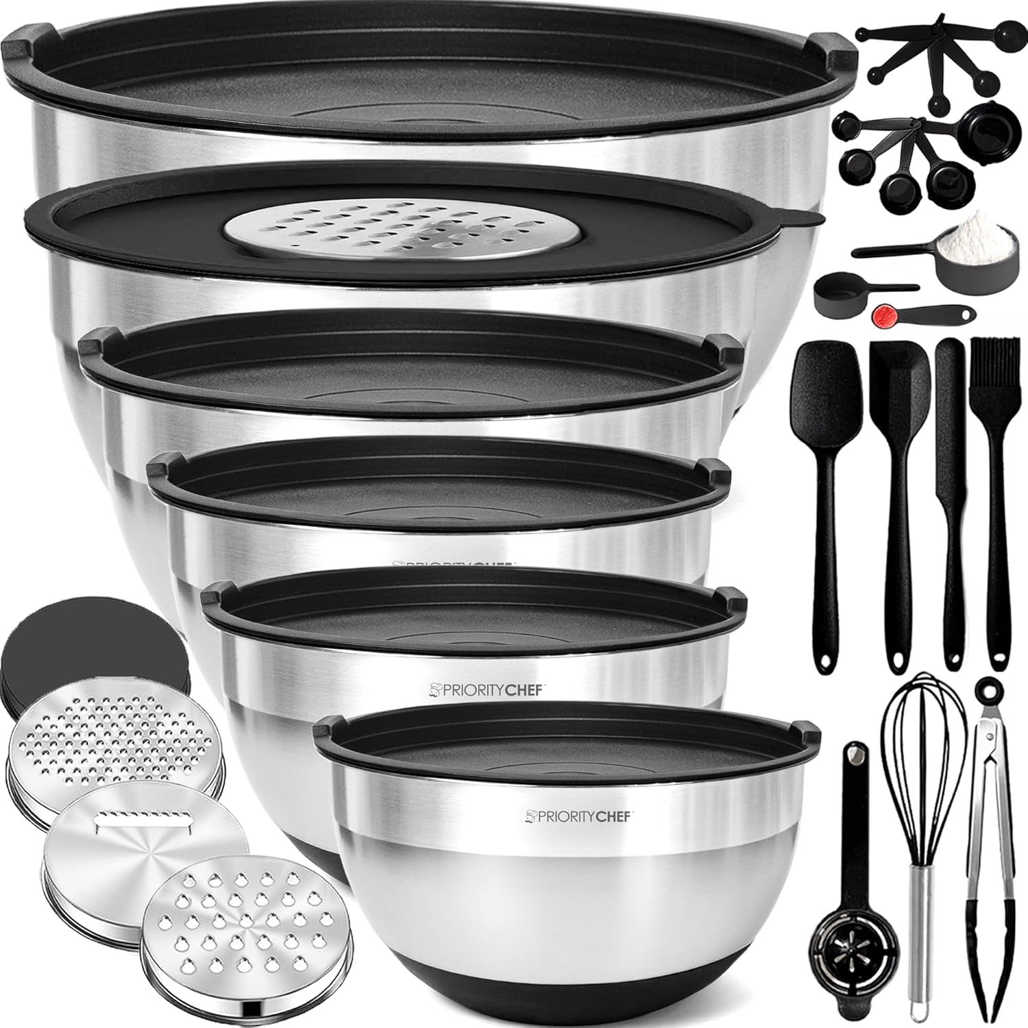 Priority Chef Stainless Steel Mixing Bowls Set - 30-Piece Kitchen Set with Airtight Lids & Non-Slip Bases