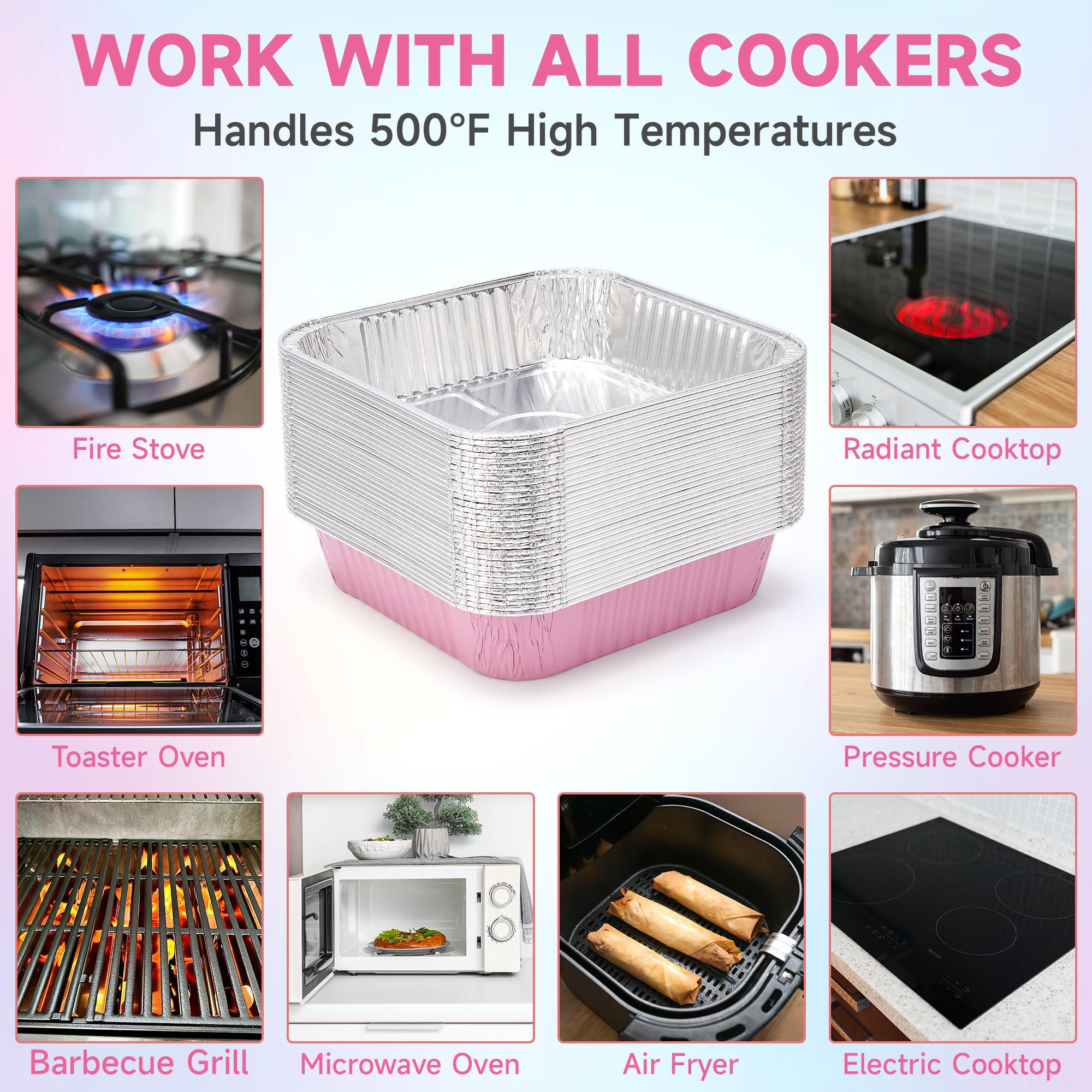 (35 Pack)Pink 8x8 Inch Disposable Aluminum Foil Pans&Square Cake Pans for Parties, Clear Plastic Lids,Eco-Friendly Baking Trays with Stickers&Cake Spoons,Picnics,Casseroles,Takeout,Recyclable Cookware