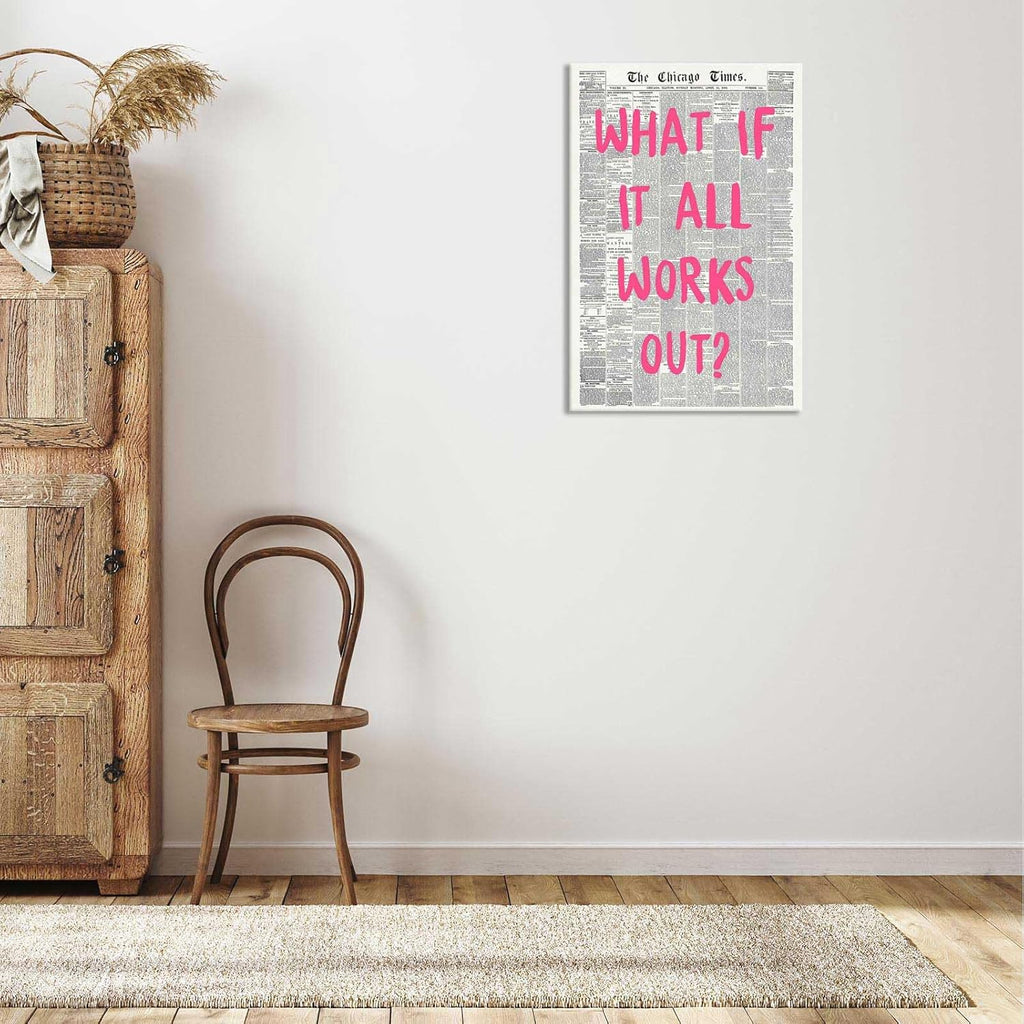 Retro Newspaper Poster by What If It All Works Out - Pink Font Canvas Wall Art | Positive Affirmation Decor 24x36in
