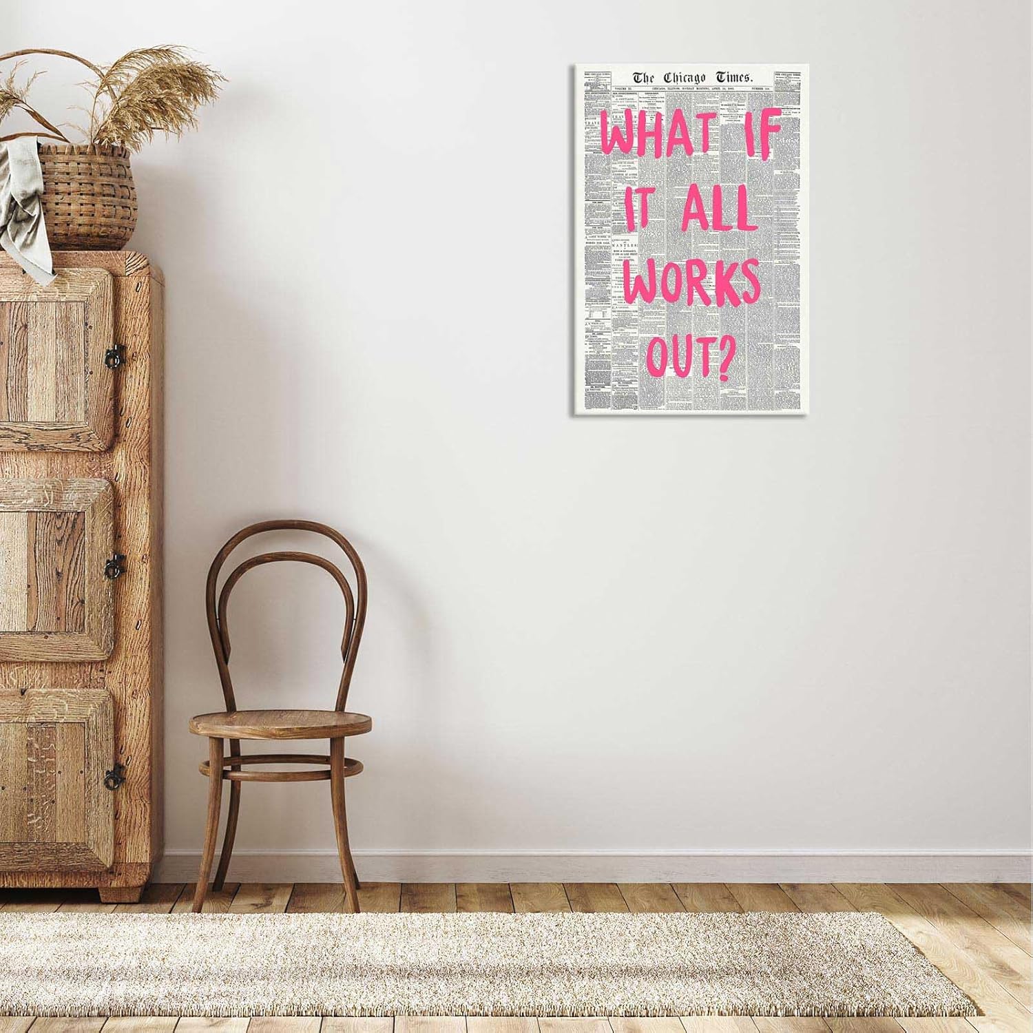 Retro Newspaper Poster by What If It All Works Out - Pink Font Canvas Wall Art | Positive Affirmation Decor 24x36in