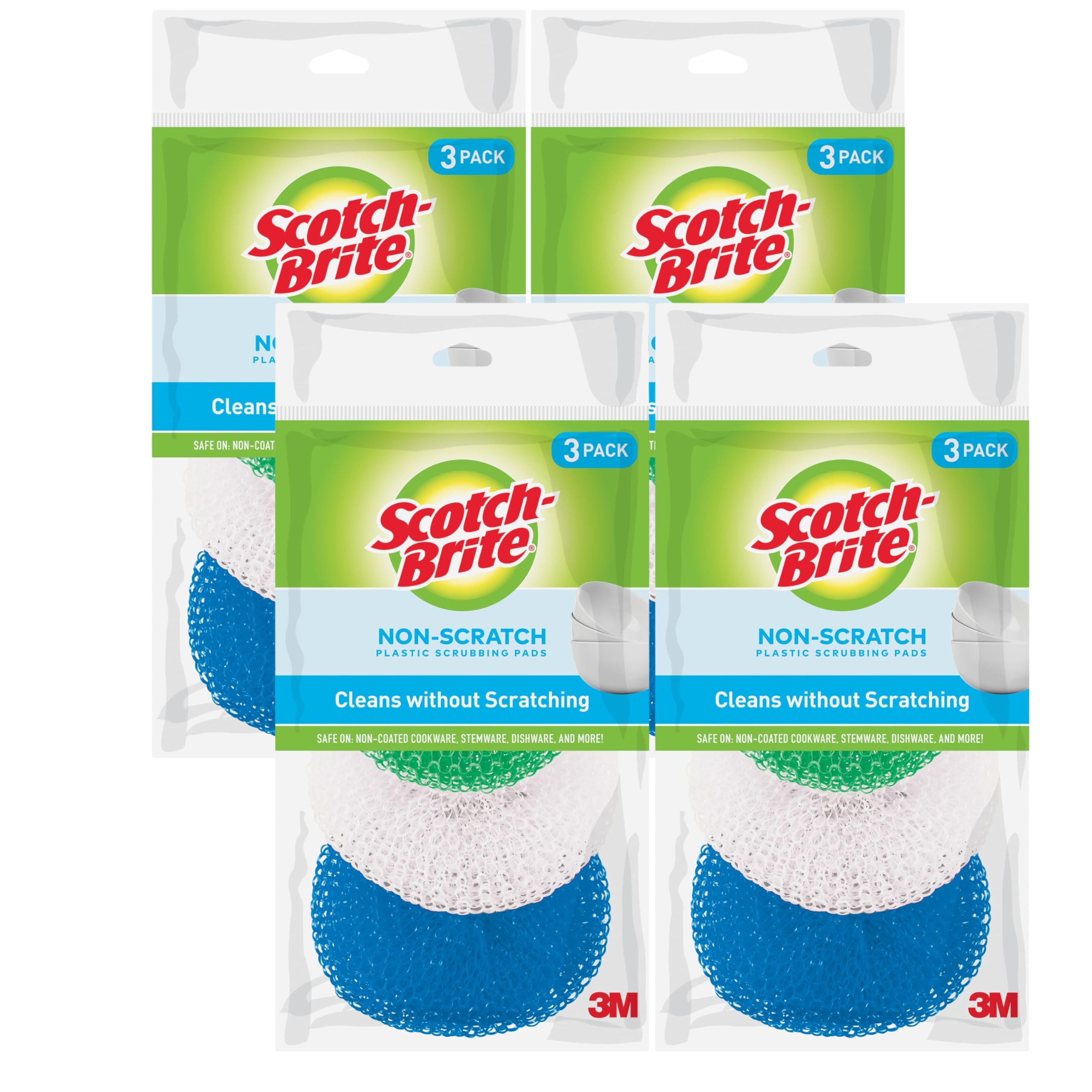 Scotch-Brite Non-Scratch Scouring Pads – Plastic Dish Scrubbers for Kitchen Cleaning, Safe on Non-Stick Cookware & Surfaces, Easy-Rinse Reusable Scrub Pads for Dishes and Pots, 12 Scrubbing Pads Pack