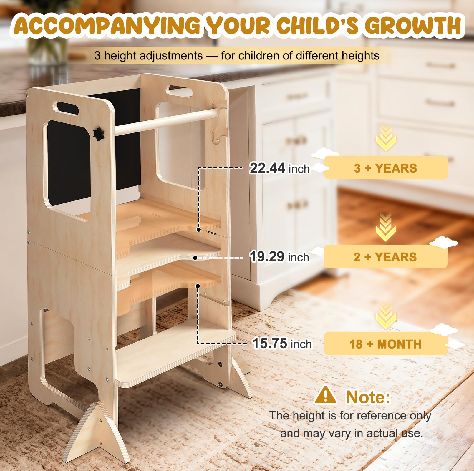WORLDMX Toddler Kitchen Step Stool, Adjustable Height Learning Standing Tower with Blackboard, Wooden Kitchen Stool Helper for Kids, 1-3 Year Old Boy Girl Gifts