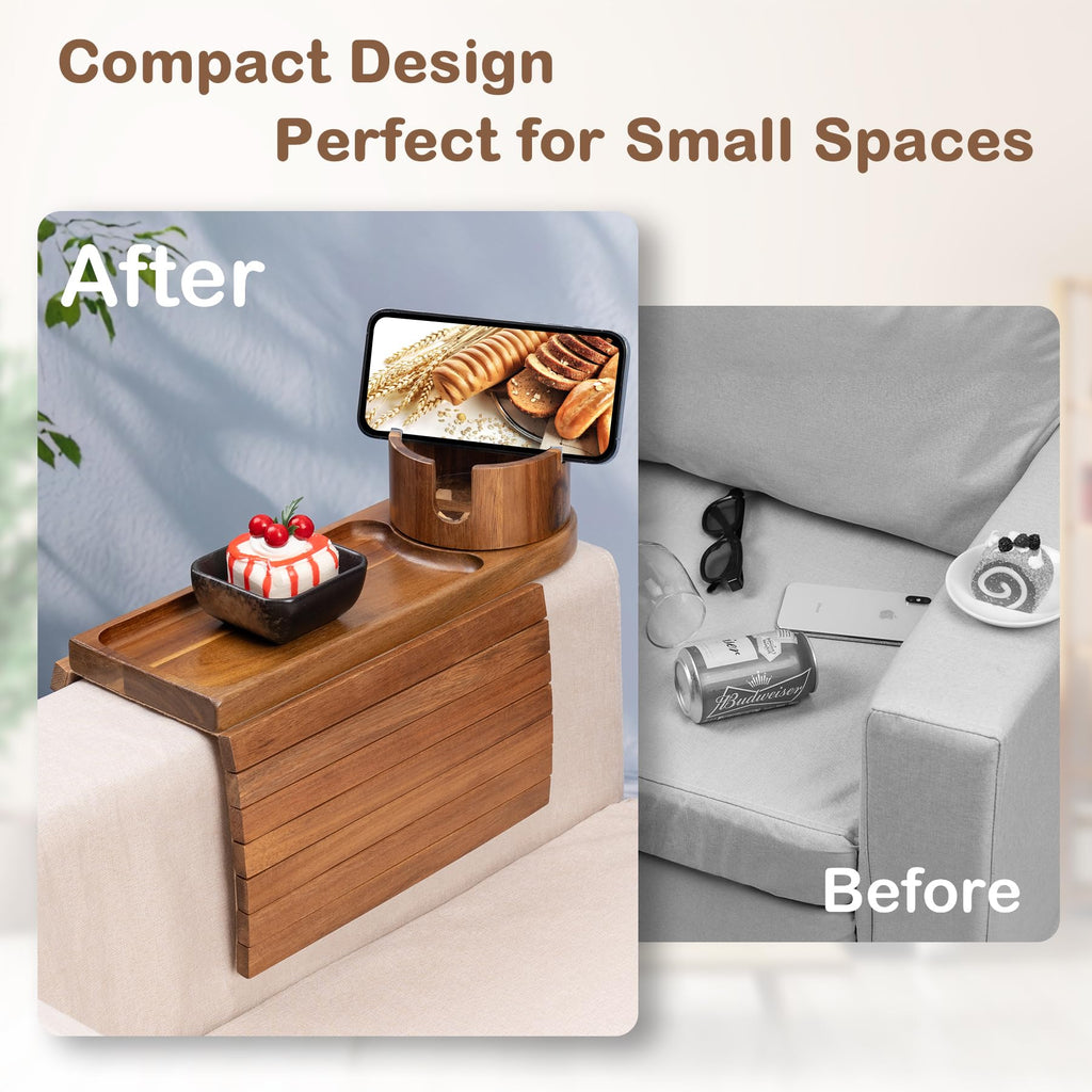 Couch Cup Holder for Armrests Over 4.9" Wide, Acacia Wood Couch Arm Tray with 360° Rotating Cup Holder, 3 in 1 Foldable Sofa Arm Tray Table for Remote, Snacks, Phone, Drinks