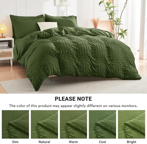 HYMOKEGE Queen Comforter Set - Olive Green Seersucker 7-Piece Luxury Bedding Set for All Seasons