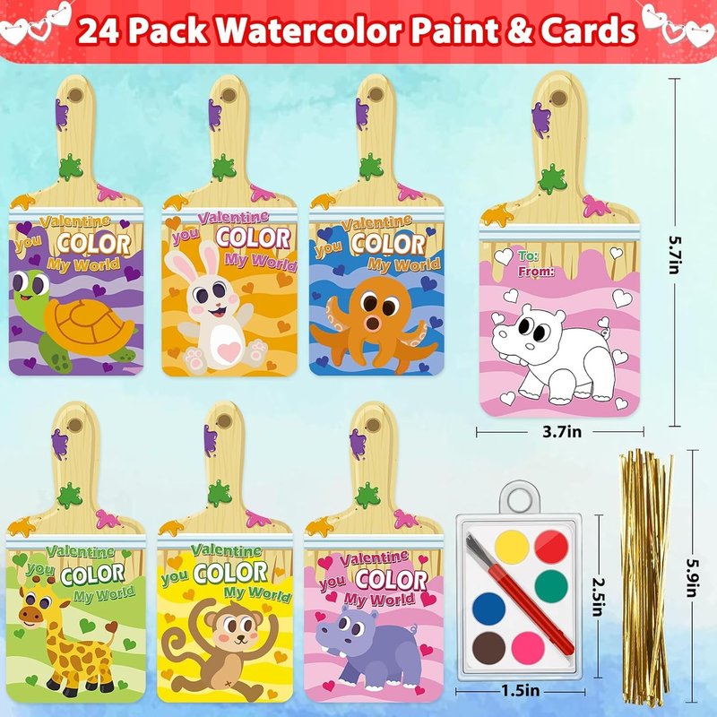 ABERLLS Valentines Day Cards for Kids School, 24 Pack Watercolor Paint Sets with Greeting Cards, Valentines Day Gifts for Kids Classroom Exchange Gifts, Valentine Party Favors for Boys and Girls