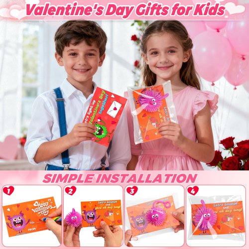 24 Pack Valentines Day Cards for Kids Classroom with LED Puffer Balls, Valentines Gifts for Kids School Class Exchange Prizes Party Favors Valentines Light Up Toys Stress Relief Balls for Boys Girls