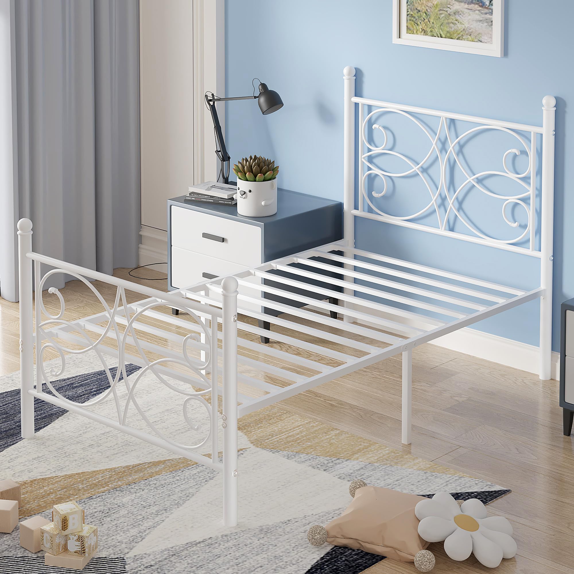 VECELO Full Size Metal Platform Bed Frame with Vintage Headboard and Footboard/Under-Bed Storage, No Box Spring Needed & Noise Free, White