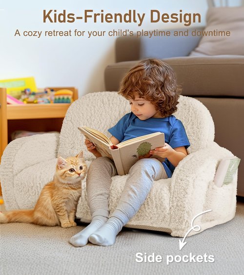 2-in-1 Sherpa Fold Out Kids Couch, Extra Wide Comfy Toddler Chair, Convertible Kids Sofa to Lounger, Foldable Toddler Couch with High Density Foam, Modern Kids Sofa Bed for Boys & Girls 3+, Beige