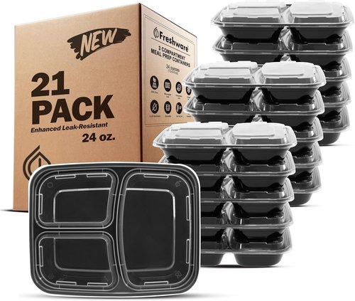 Freshware Meal Prep Containers - 21 Pack, 3-Compartment Bento Boxes, BPA Free, Stackable & Microwave Safe (24 oz)