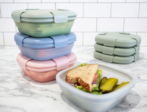 STOJO Collapsible Sandwich Box – 24oz, Reusable Food Storage Container, Silicone Bowl for Hot/Cold Food – Meal Prep, Lunch, Camping, Hiking – Dishwasher Safe (Translucent Carnation, Set of 5)
