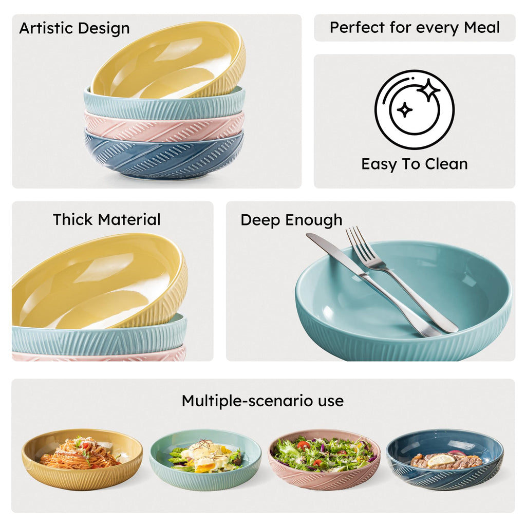 Dafuceramic 8.5Inch Pasta Bowls, 36OZ Serving Bowls, Salad Bowls Set of 4 Ceramic Sturdy & Stackable, Ideal for Housewarming, Festivals, Multicolor (36 OZ)