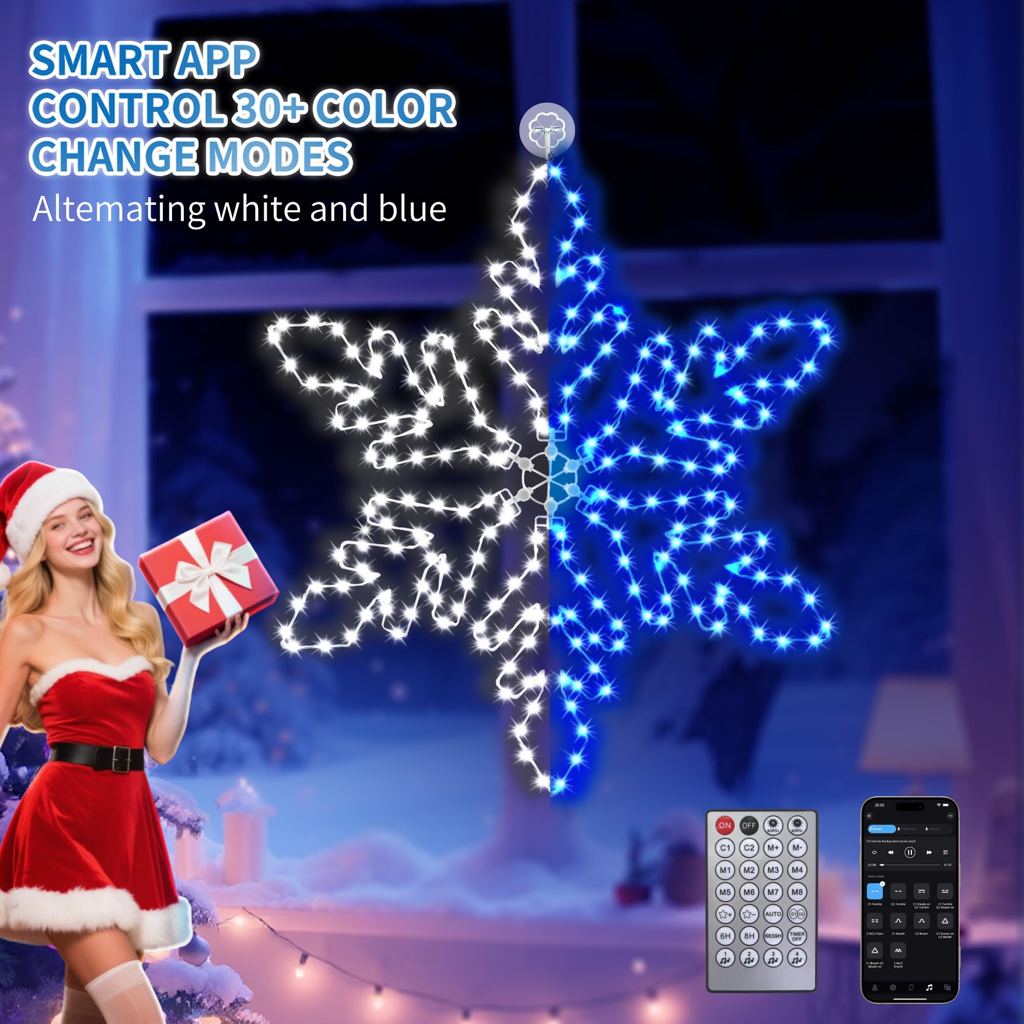 LiuZpatial Led Snowflake Lights Outdoor, 36" 219 LED Smart Blue White Snowflake Christmas Lights with APP Remote Control Timer Music Sync, Metal Frame & Removable for Christmas Window Decorations