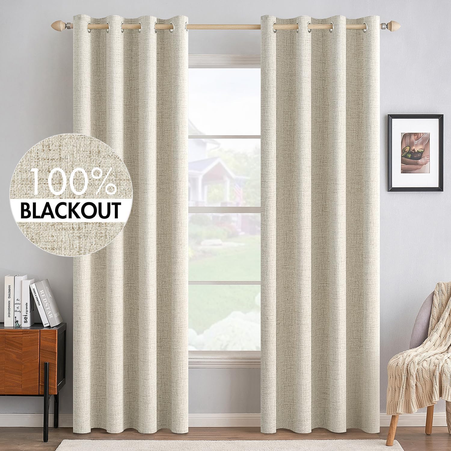 MIULEE Blackout Linen Textured Curtains - Thermal Insulated Cream Drapes for Bedroom | 52 x 96 Inch (2 Panels)