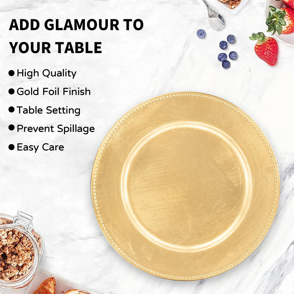 MAONAME Gold Charger Plates Set of 12, Foil 13" Plate Chargers with Beaded, Plastic Round Chargers for Dinner Plates, Table Setting
