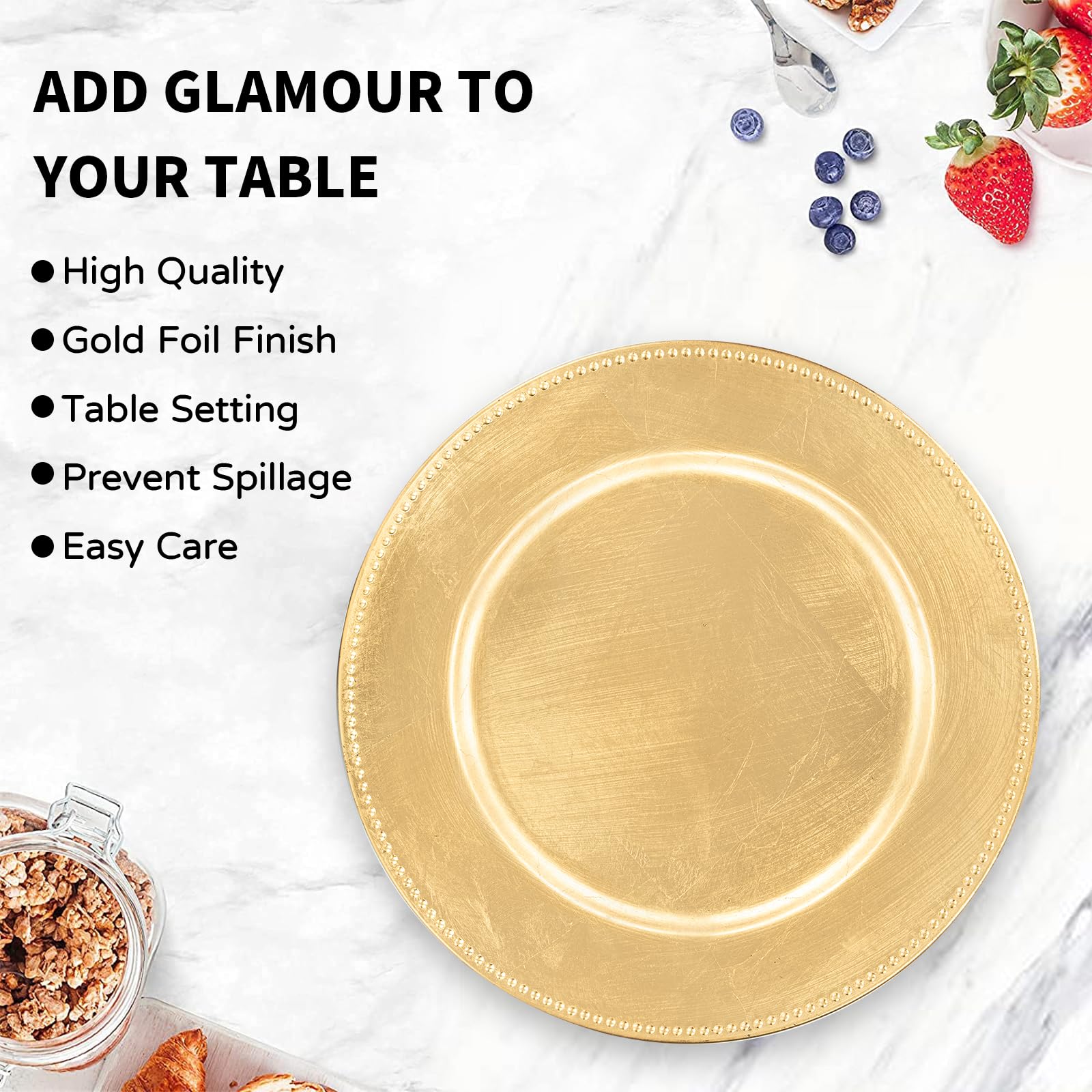 MAONAME Gold Charger Plates Set of 12, Foil 13" Plate Chargers with Beaded, Plastic Round Chargers for Dinner Plates, Table Setting