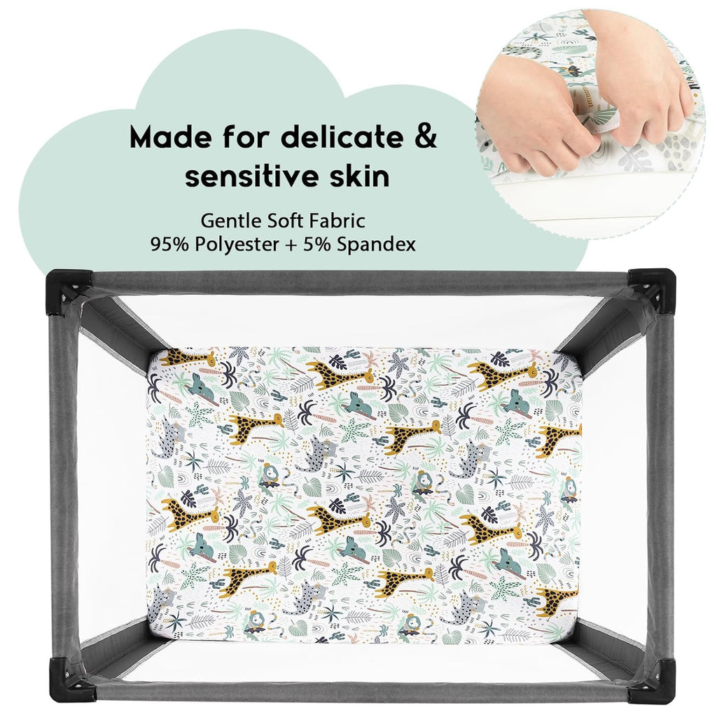 Yoofoss Fitted Pack and Play Sheets - Soft, Breathable Mini Crib Sheets 2-Pack in Green & Giraffe Design