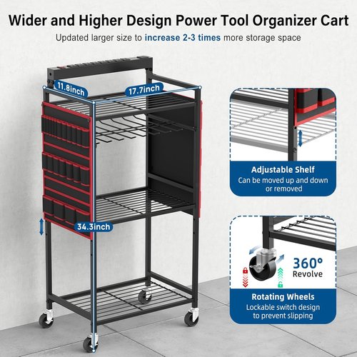 JUNNUJ Power Tool Organizer Cart - Heavy Duty Rolling Storage with 8 Outlets & 3 USB Ports | Large Capacity