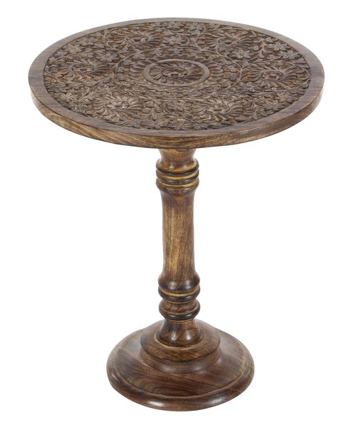 Deco 79 Mango Wood Floral Handmade Side End Accent Table Intricately Carved End Table with Turned Base, Side Table 17" x 17" x 21", Dark Brown