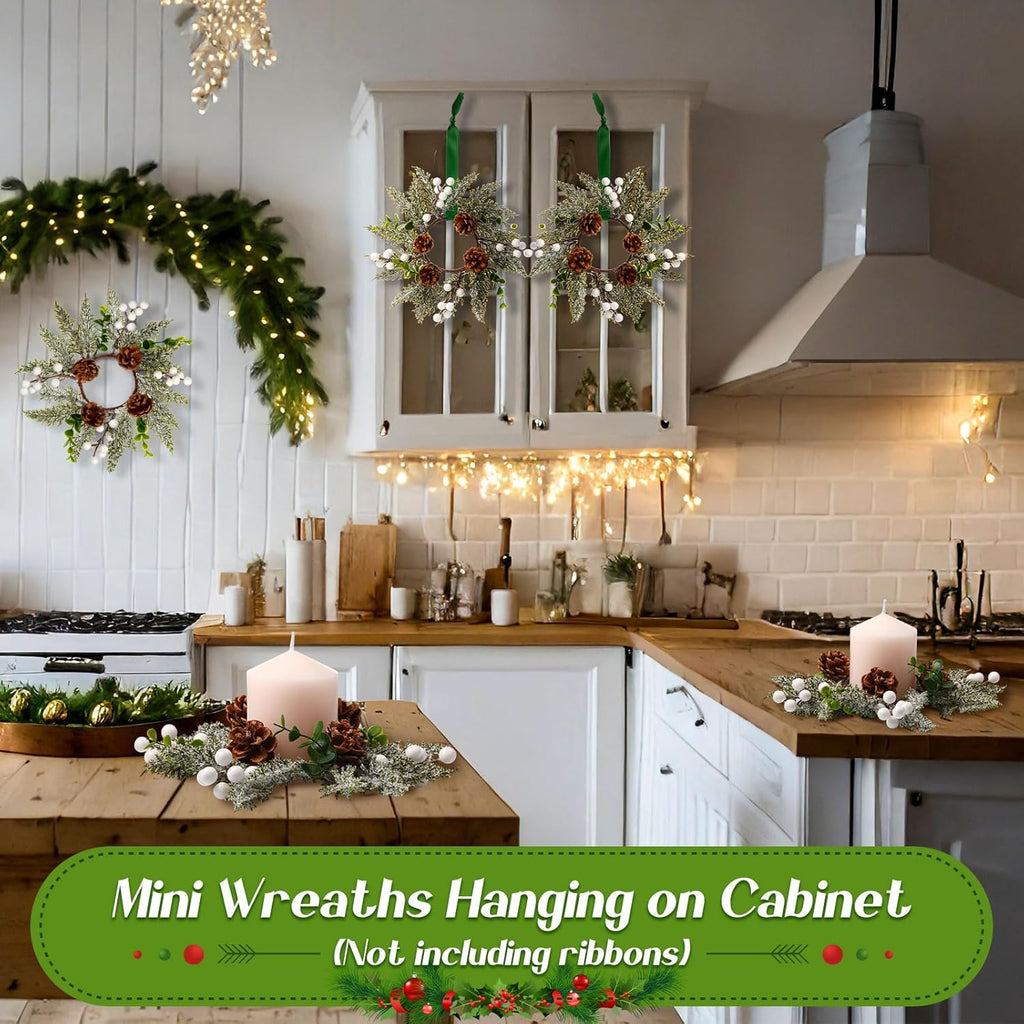 Vercraft 6-Piece Christmas Candle Rings - Snowy Pine Garland with White Berries & Pine Cones | Festive Home Decor