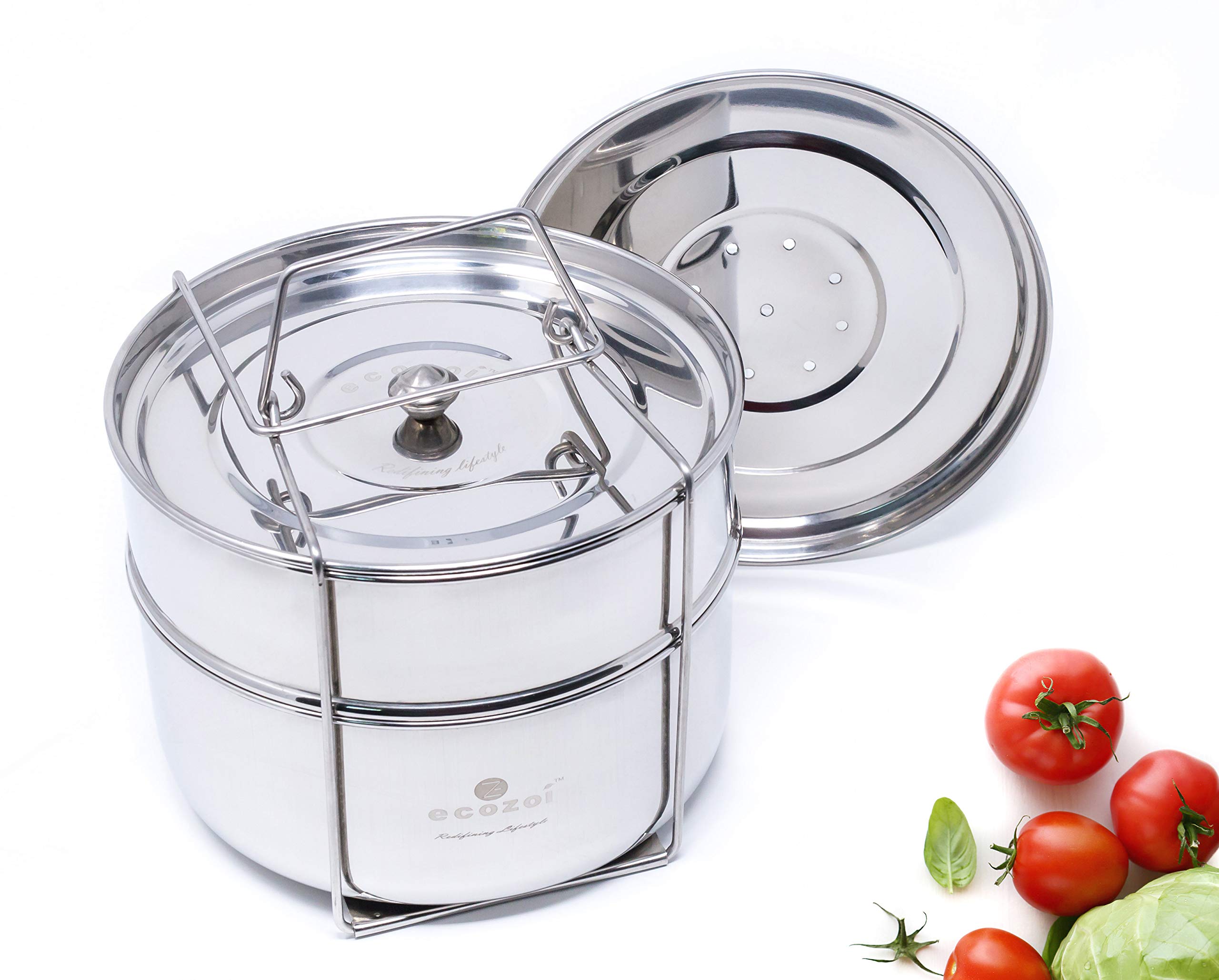Ecozoi Stackable Steamer Insert Pans for 6 & 8 Quart, 3 Tier Pans Compatible with Instant Pot Pressure Cooker, Pot in Pot for Baking, Steaming & Casseroles, 2 Interchangeable Lids and Sling