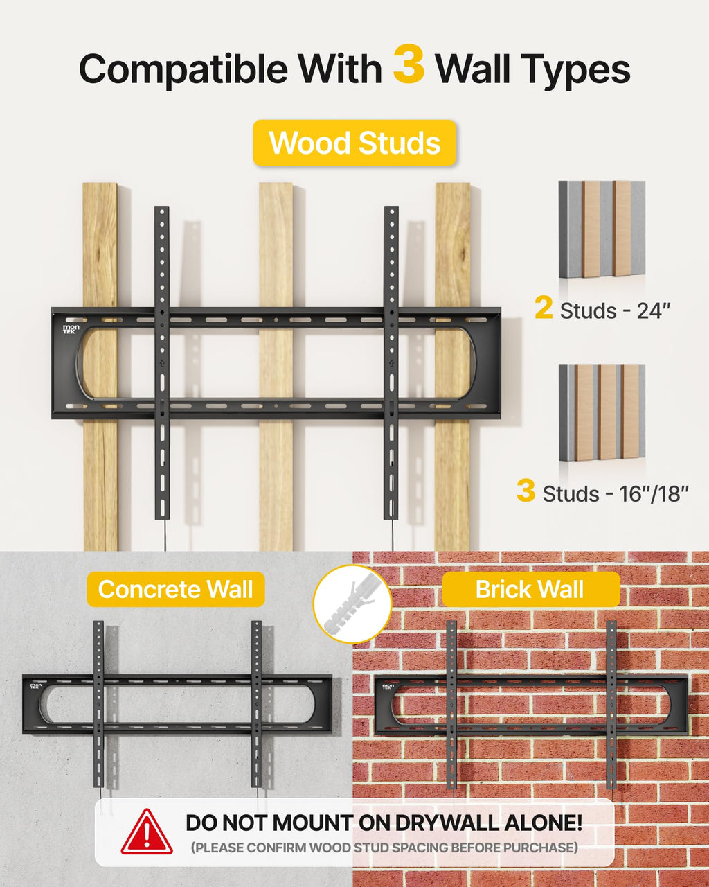 monTEK Heavy Duty Fixed TV Wall Mount Bracket for 60–120" Flat & Curved TVs up to 300lbs, 4× Load Tested, Ultra Slim 1.3" Low Profile, Max VESA 900x600, Quick-Release Lock, Fits 16"/18"/24" Wood Studs