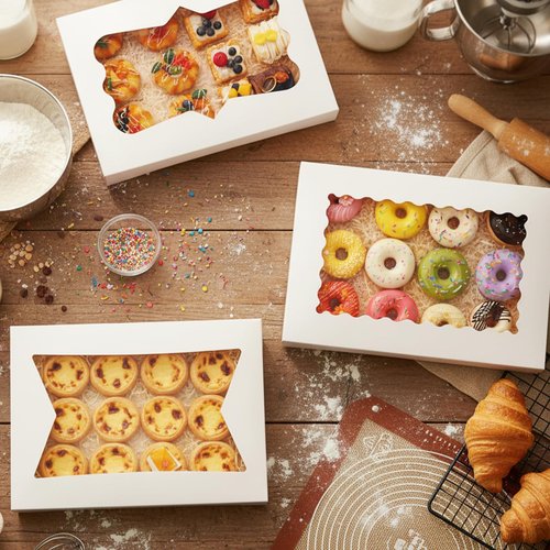 Moretoes 60pcs 16x11x2.5 Inch Cookie Boxes, Bakery Boxes with 3 Style Window for Pastries, Pies, Muffins, Chocolate Covered Strawberries