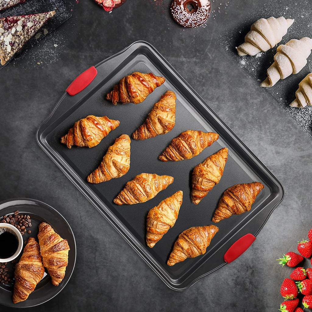 Skiennix Baking Sheet Set - 2-Piece Large Nonstick Cookie Sheets with Silicone Handles | BPA-Free Steel Pans