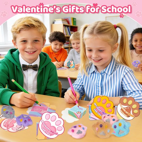 24 PCS Kids Valentines Day Cards with Stuffed Cat Paws Toys, Valentines Day Gifts for Kids Classroom, Animal Plush Toy for School Valentines Gifts Exchange, Valentine Party Favors Supply for Boys Girls