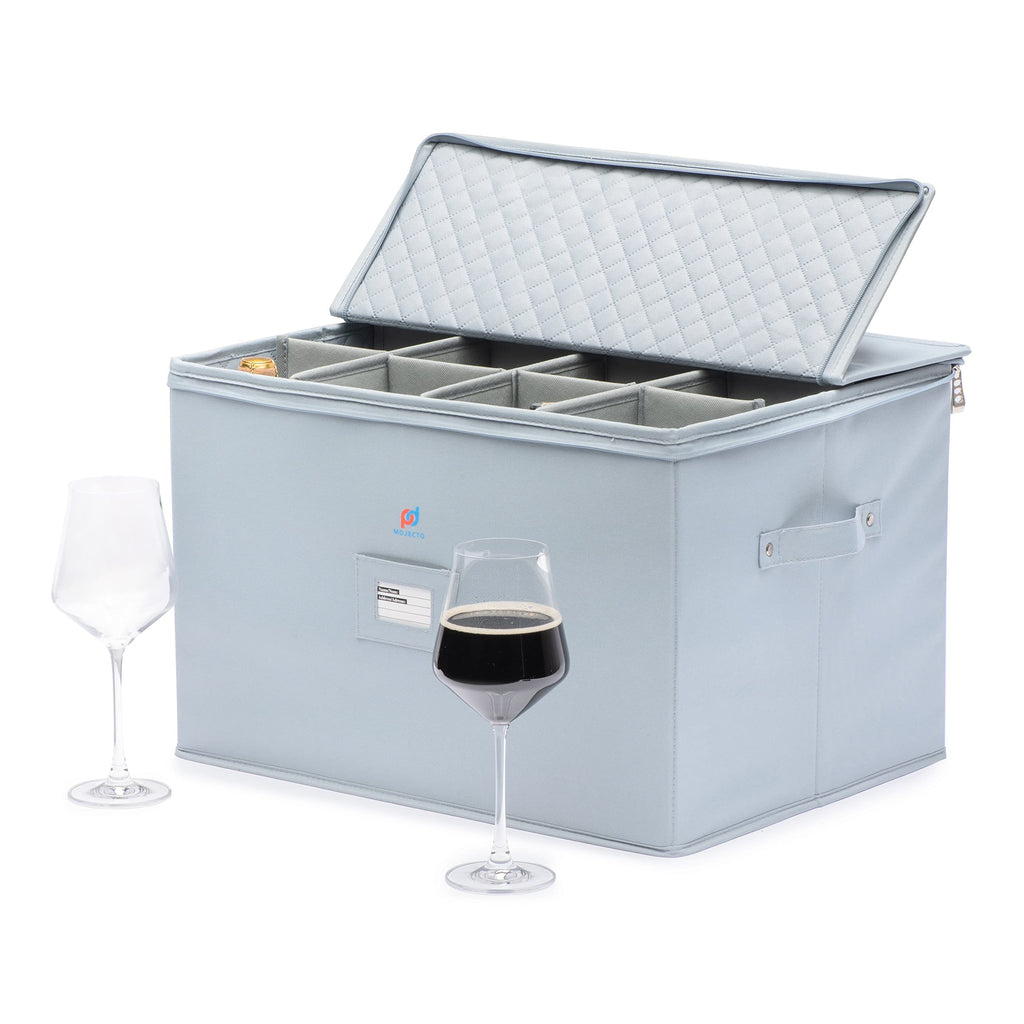 MOJECTO Extra Large Tall Hard Stemware Storage Box (20x15.5x13.2 In). 12-Large Padded Compartments For Wine Bottles, Glasses, Flutes, martini Up To 13.2 In Tall