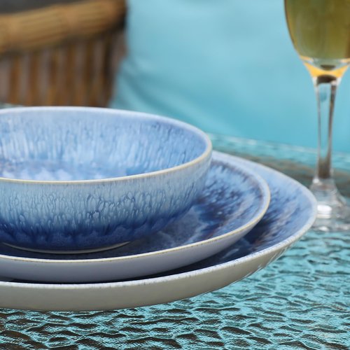 Dafuceramic 12 Pieces Stoneware Dinnerware Set, Modern Reactive glaze Dish Set for 4, Premium Serving Plates and Bowls Sets,Series MOON(SKY BLUE)