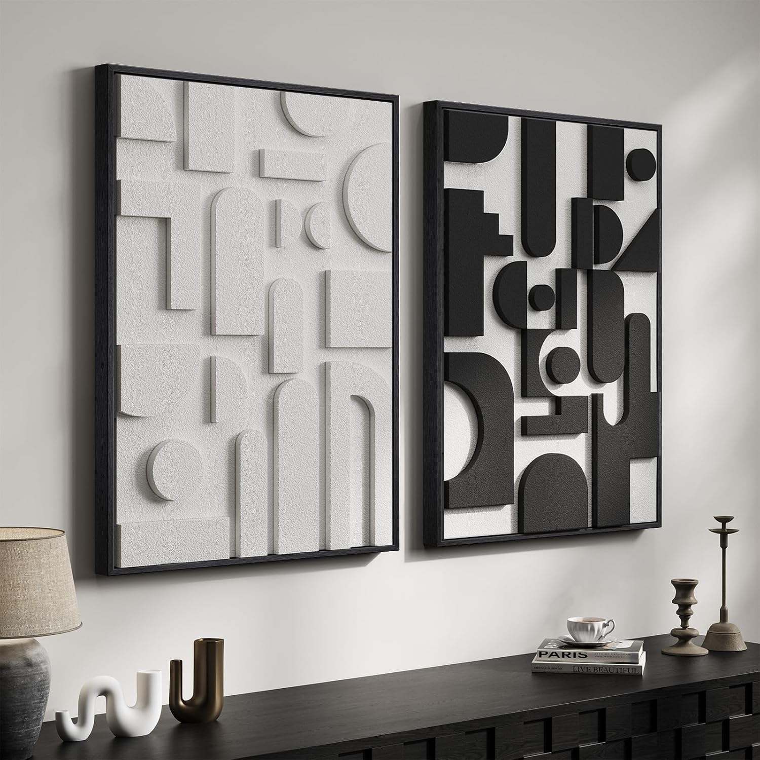 Skiennix Large 3D Textured Black and White Abstract Wall Art - Set of 2 Modern Paintings | 24x36 In Minimalist Decor