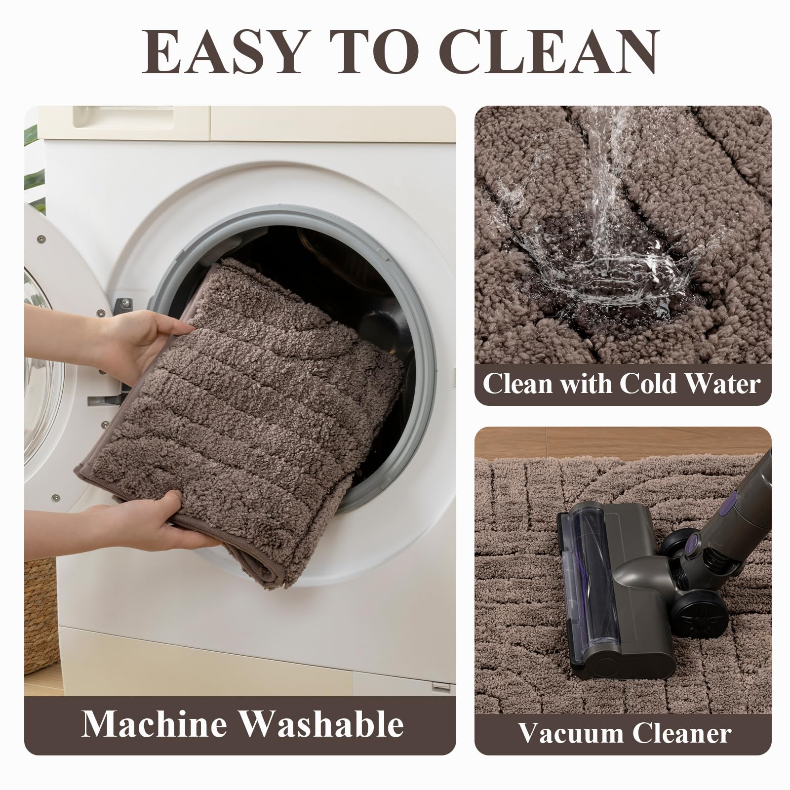 Vaukki Bathroom Rugs Sets 3 Piece, Brown Washable Non Slip Soft Bath Mats for Shower and Tub, Plush Absorbent Microfiber Toilet Rug U Shaped, 32x20+26x18+24x20 Inch
