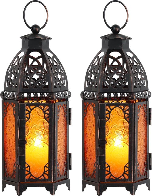 **DECORKEY Moroccan Lanterns Set of 2 - Vintage Metal Candle Holders for Indoor & Outdoor Decor (11’’ Amber)**