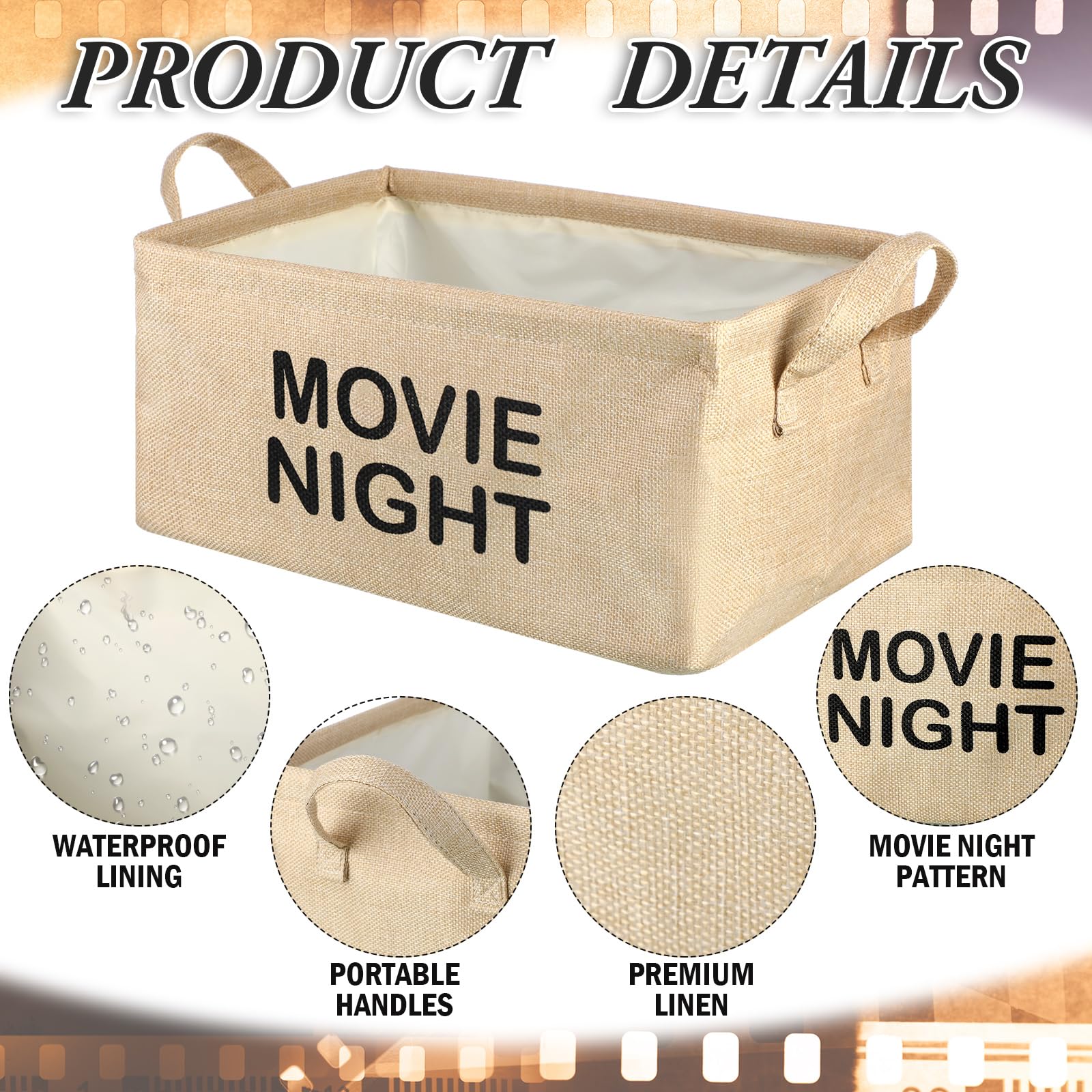 Gandeer Large Movie Night Snack Basket with Handles Movie Night Snack Tray Reusable Burlap Storage Organizer for Theater Popcorn Bucket Bowl Box Container Family Film Holiday Parties(Khaki, Classic)