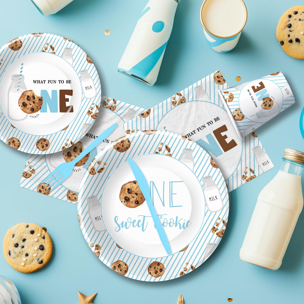 HIPVVILD Milk and Cookies 1st Birthday Decorations Tableware - One Sweet Cookie Birthday Party Supplies, Milk Theme Paper Plates and Napkins Set, Disposable Cutlery | Serves 24