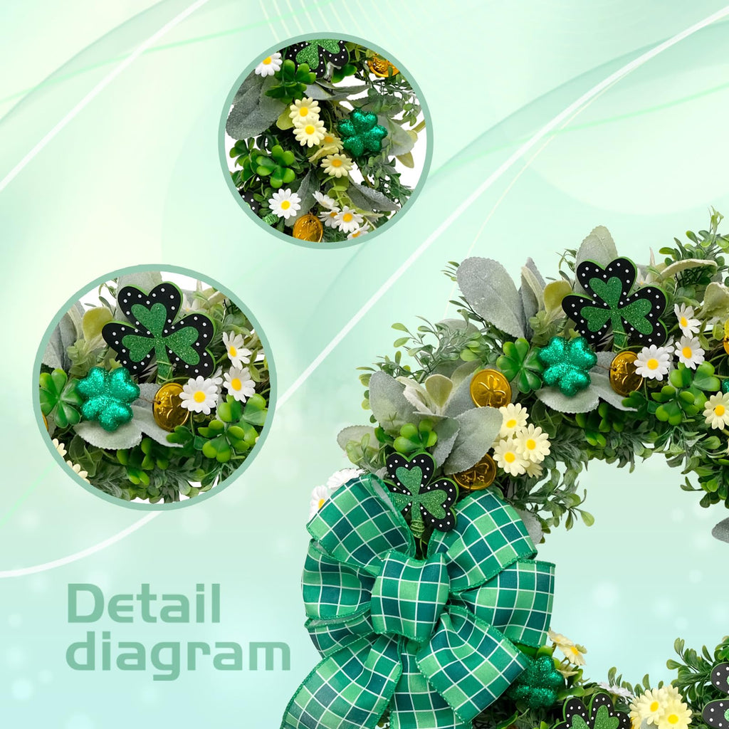 vivimemo St. Patrick's Day Wreath 20-inch Green Four-Leaf Clover Irish Day Wreath St. Patrick's Day Holiday Decoration Front Porch Party Spring Yard Decoration