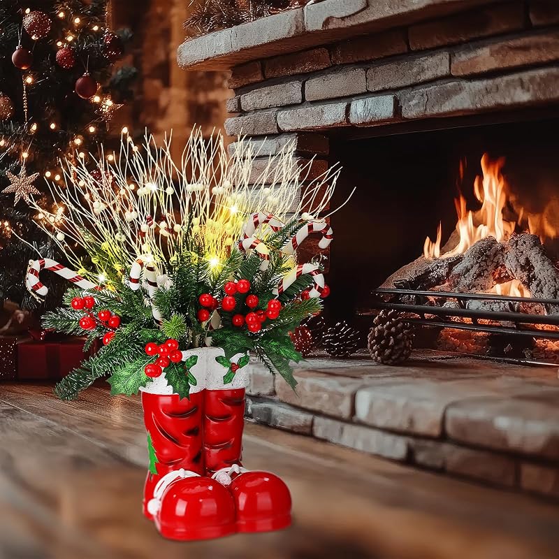 Christmas Santa Boot Vase with Tree & Candy Cane Lights - 25 Inch Decor