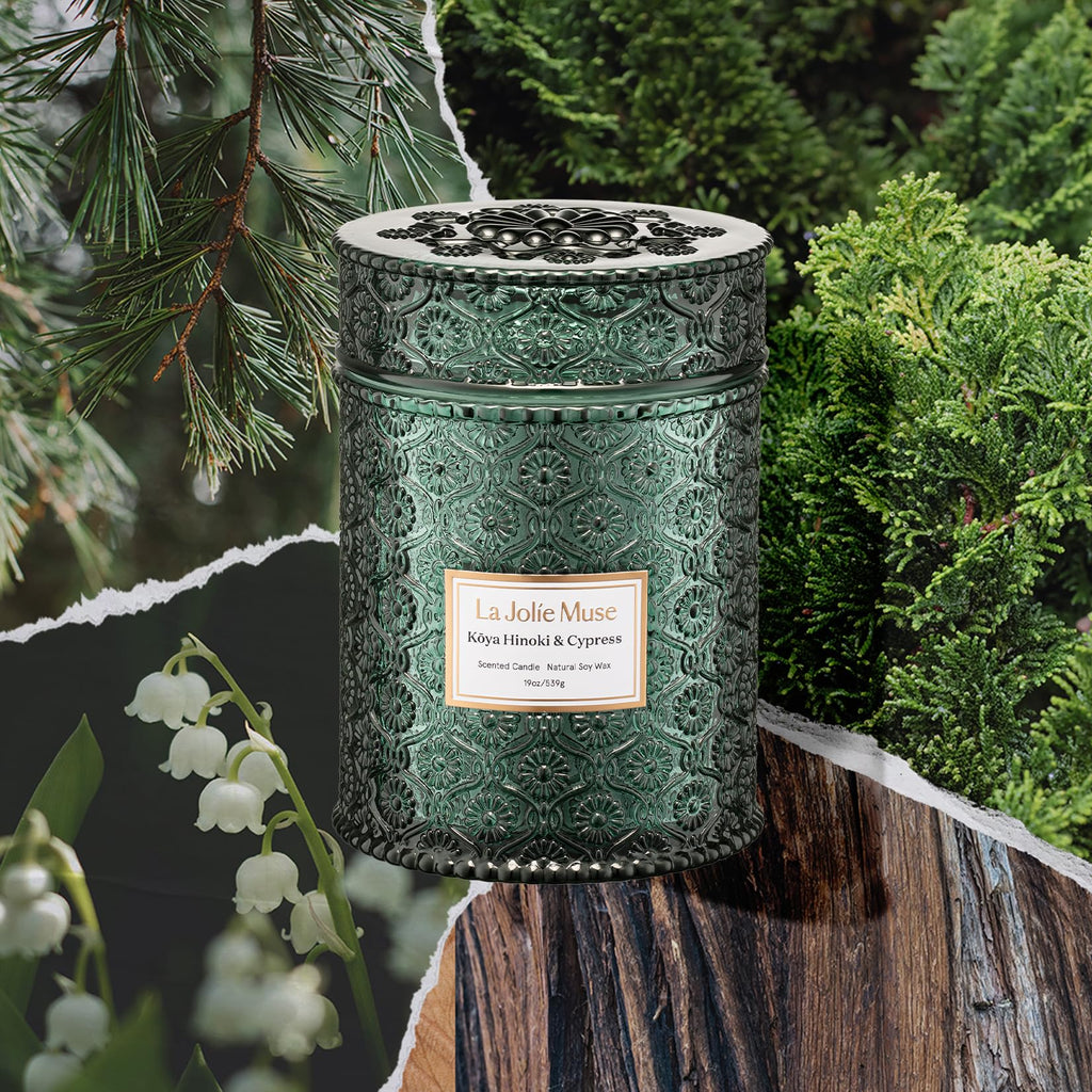 LA JOLIE MUSE Kōya Hinoki & Cypress Candle | Pine, Hinoki & Cedarwood | 19 oz Wooden Wick Soy Candle | 90-Hour Burn | Daily Relaxation & Cozy Ambiance