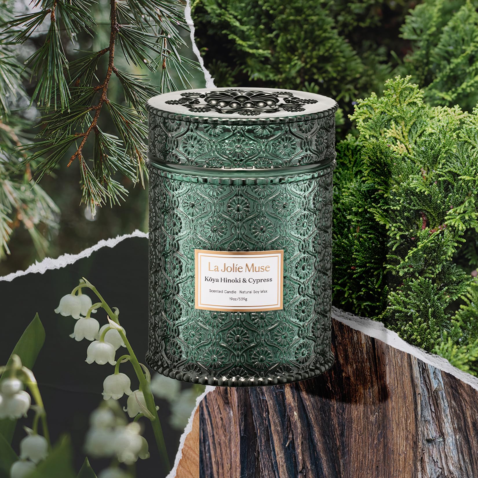 LA JOLIE MUSE Kōya Hinoki & Cypress Candle | Pine, Hinoki & Cedarwood | 19 oz Wooden Wick Soy Candle | 90-Hour Burn | Daily Relaxation & Cozy Ambiance