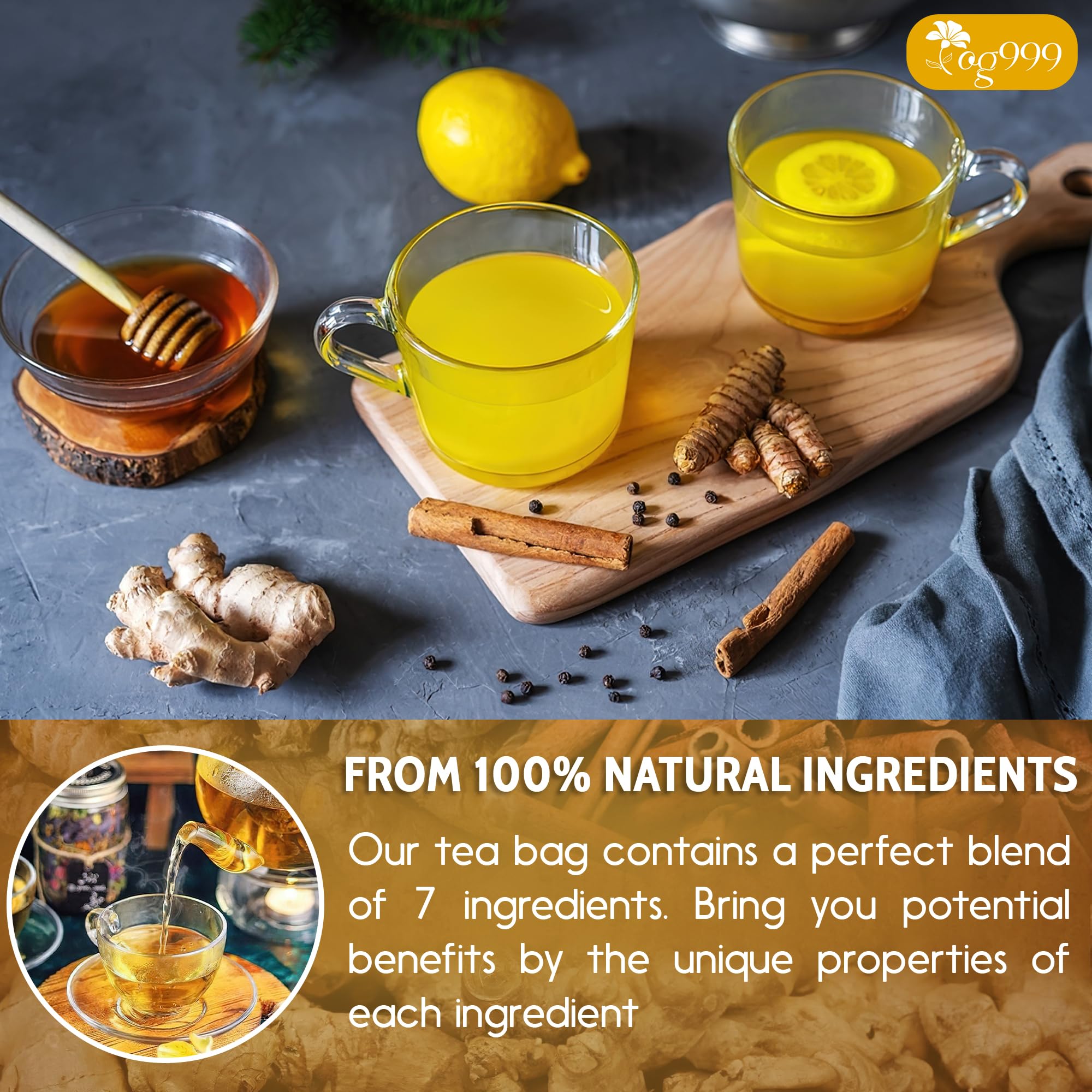 TOG999, 120 Bags Premium Turmeric Ginger Cinnamon Tea. Upgraded Version. Improve Digestion, Support Brain, Weight, Skin and Sleep. Eco-Conscious Tea Bags. No Sugar, No Caffeine, No Gluten, Vegan.